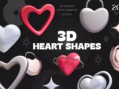 3D Heart Shapes. Graphics & Posters 3d posters 3d shapes 3d sticker geometric shapes love shapes love symbol modern posters textured 3d shapes valentines valentines day valentines day heart valentines shapes vector heart shapes vector linear graphics