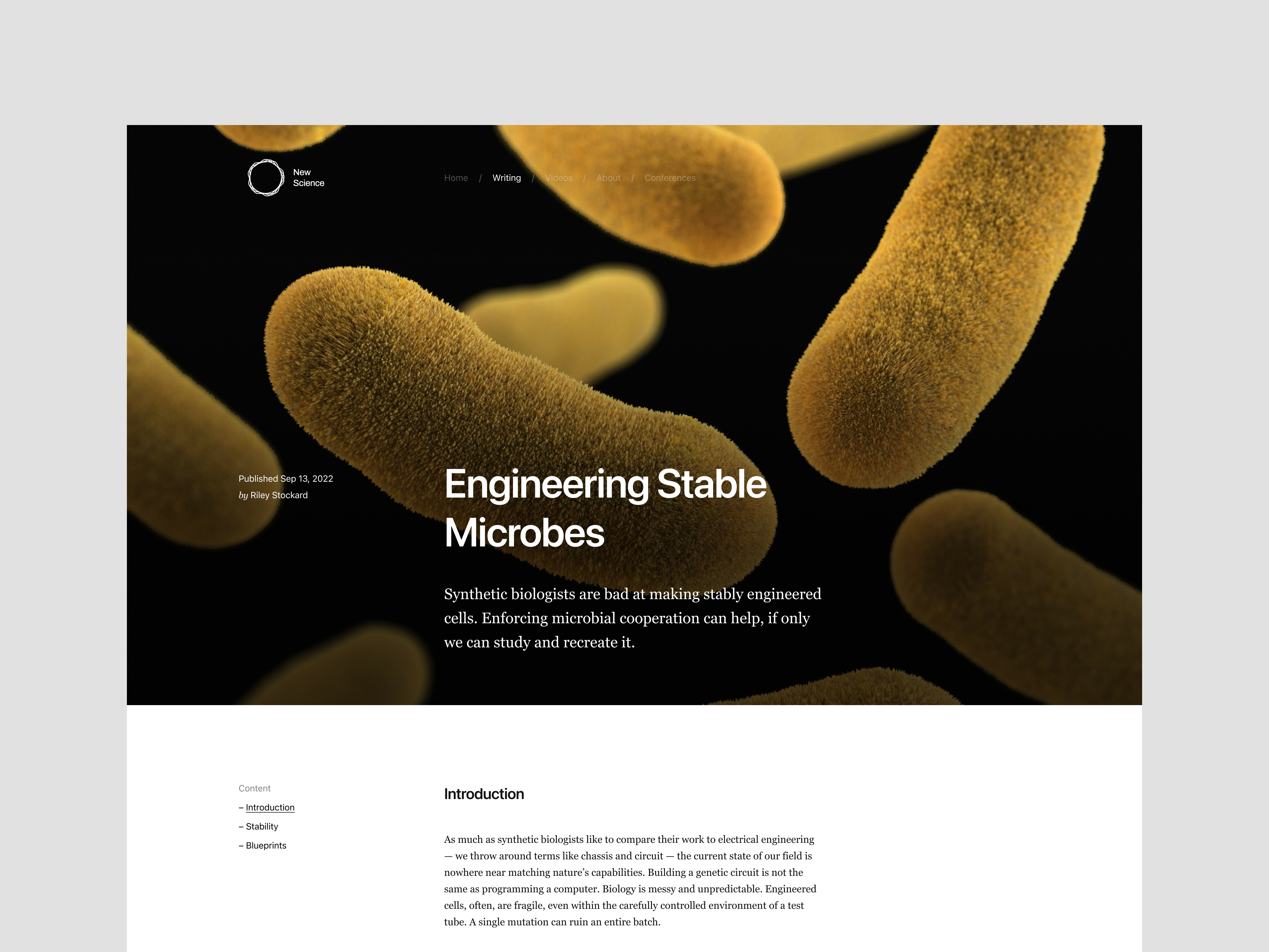 Science post header content editorial grid layout neon science web web design