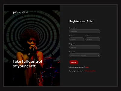 EntertaBlock | Sign Up page artists community crypto decentralized design login music royalties sign up ui ux web3
