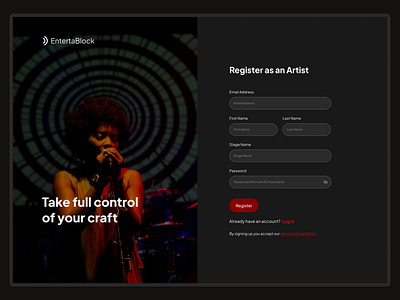 EntertaBlock | Sign Up page artists community crypto decentralized design login music royalties sign up ui ux web3