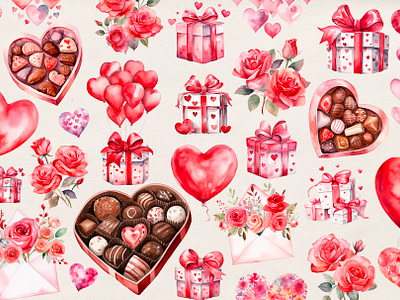 Valentine's day watercolor clipart chocolate clipart floral flowers frames hearts illustration png presents roses valentines valentines clipart valentines day valentines frames watercolor watercolor flower