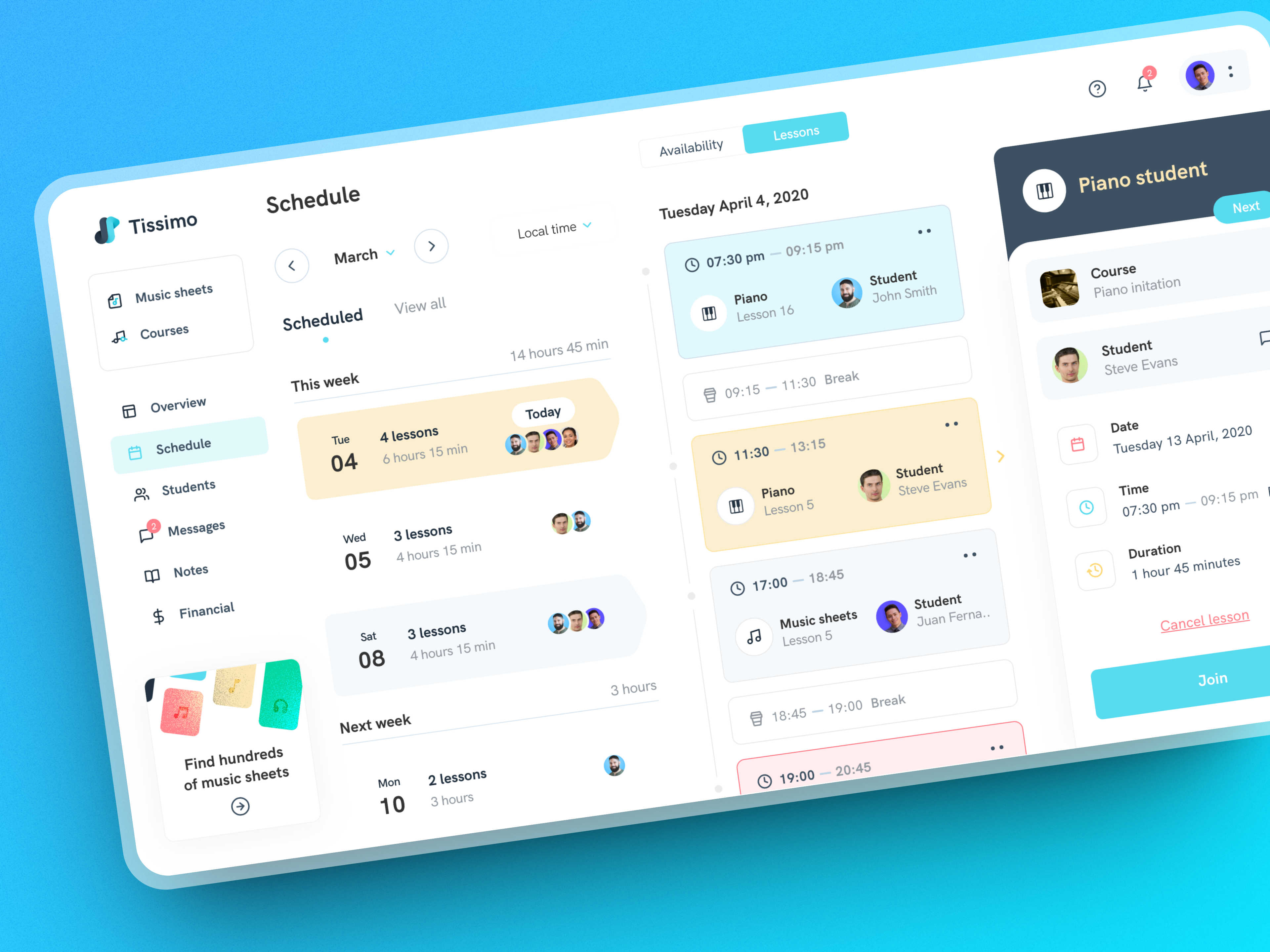 Schedule Lessons for Music Teachers agenda dashboard lessons music shedule teaching ui user interface ux visual design