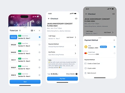 Check Out - Crypto Payment Revolution for Event Ticketing app crypto check out check out flow code crypto methond mobile check out modal payment pay now payment promo ticket ticket list ui ux web 3.0