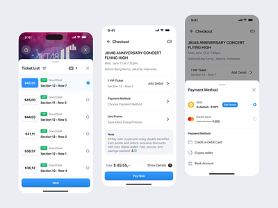 Check Out - Crypto Payment Revolution for Event Ticketing app crypto check out check out flow code crypto methond mobile check out modal payment pay now payment promo ticket ticket list ui ux web 3.0