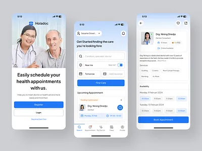 Holadoc - Doctor appointment app appointment appointment app booking app clean doctor health tech healthcare healthcare app medical app medical care minimal mobile modern patient care product design schedule app ui ux wellness