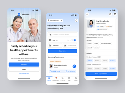 Holadoc - Doctor appointment app appointment appointment app booking app clean doctor health tech healthcare healthcare app medical app medical care minimal mobile modern patient care product design schedule app ui ux wellness