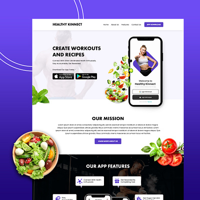 Healthy Kinnect - Website Design app creative design exercise figma food health landing page design recipe ui web design web designer web page design workout