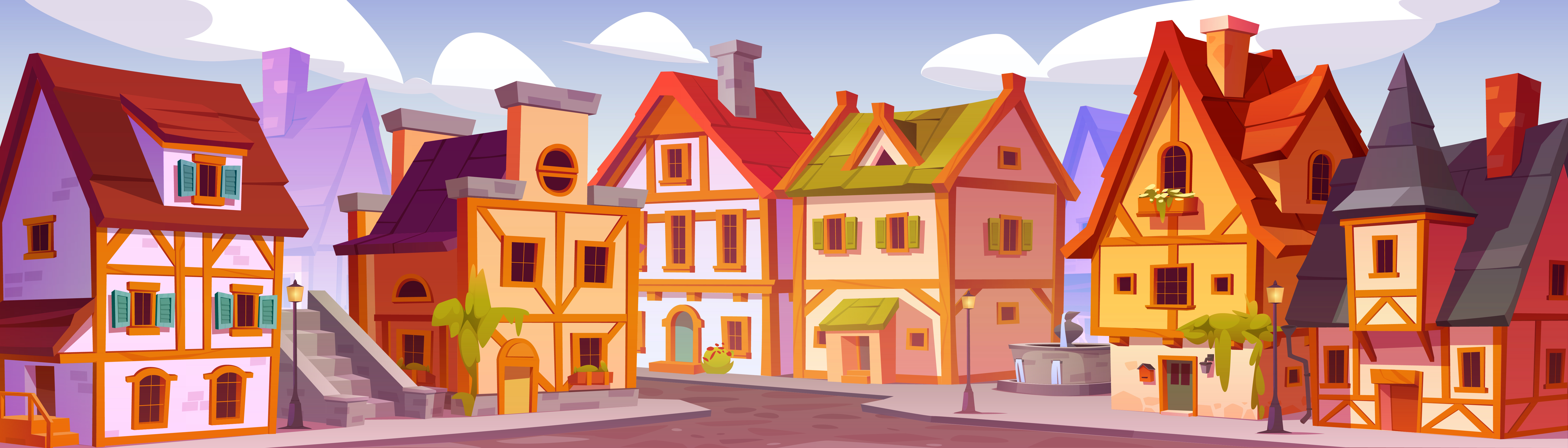 Medieval traditional german city street cartoon city design game game design germany illustration landscape street vector
