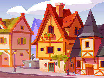 Medieval traditional german city street cartoon city design game game design germany illustration landscape street vector