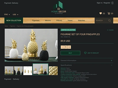 Product page - Home decor buy cart catalog dark decor gold page pineapple product site theme ui ux web wishlist