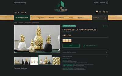 Product page - Home decor buy cart catalog dark decor gold page pineapple product site theme ui ux web wishlist