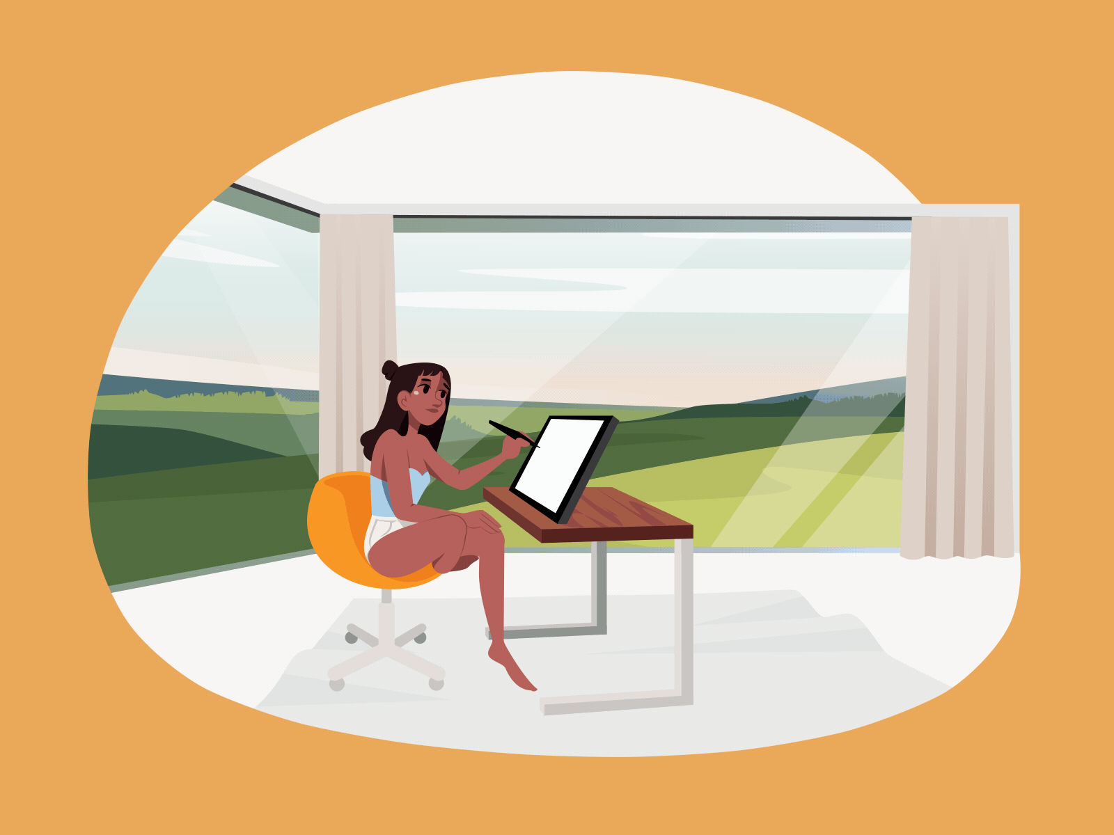 Girl designer working from home with a panoramic view 2d animation background branding countryside design digital artist drawing freelancer hobby illustration motion graphics remote sitting tablet thinking ui woman work space workflow