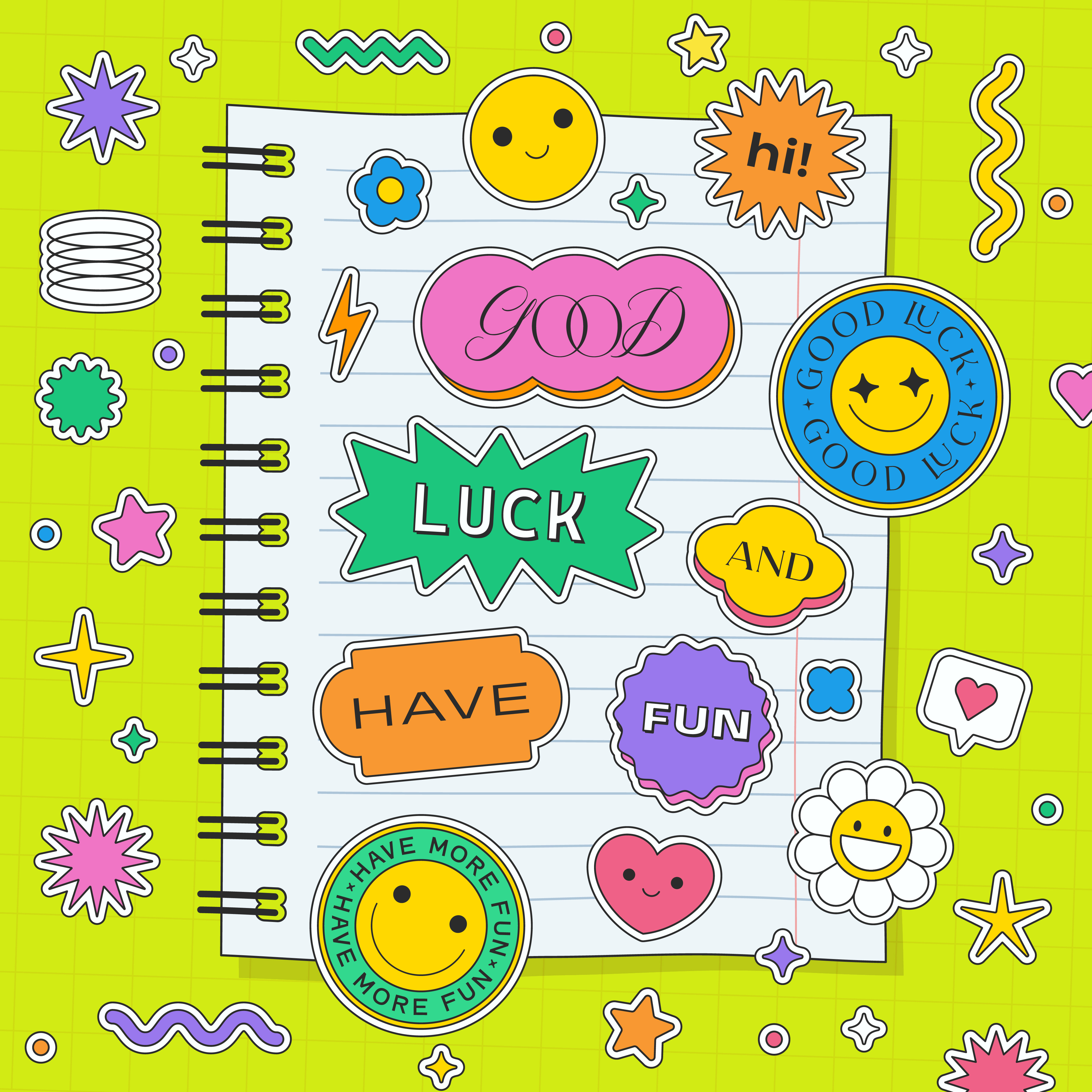 Good Luck And Have Fun Y2k Sticker Collage 90s abstract art bright collage colorful cool design flower geometric groovy illustration notebook patch pop shape smile sticker trendy y2k