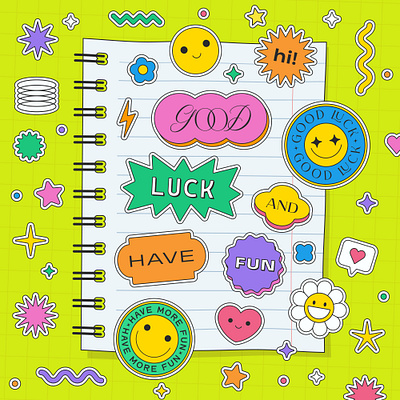 Good Luck And Have Fun Y2k Sticker Collage 90s abstract art bright collage colorful cool design flower geometric groovy illustration notebook patch pop shape smile sticker trendy y2k