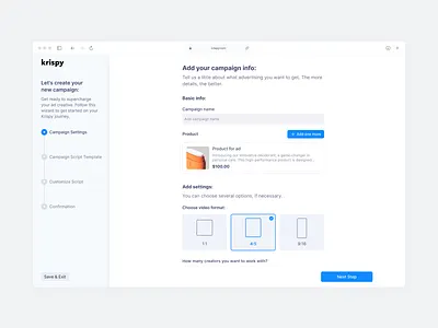 Campaign Settings Page. Web Platform for Campaigns app design campaign clean design post product card product design promotion publishing ui upload work userexperience userinterface ux video video creation video resolution web web design web platform