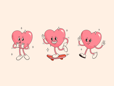 Groove heart character cartoon character concept day design flat groovy heart illustration logo love mascot poses retro valentines vector