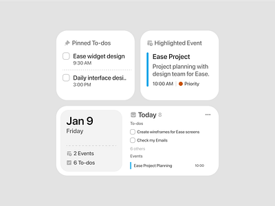 Ease Widgets app calendar card clean component design design system figma landing page light modal page platform productivity task to do list ui ui design ui kit widgets