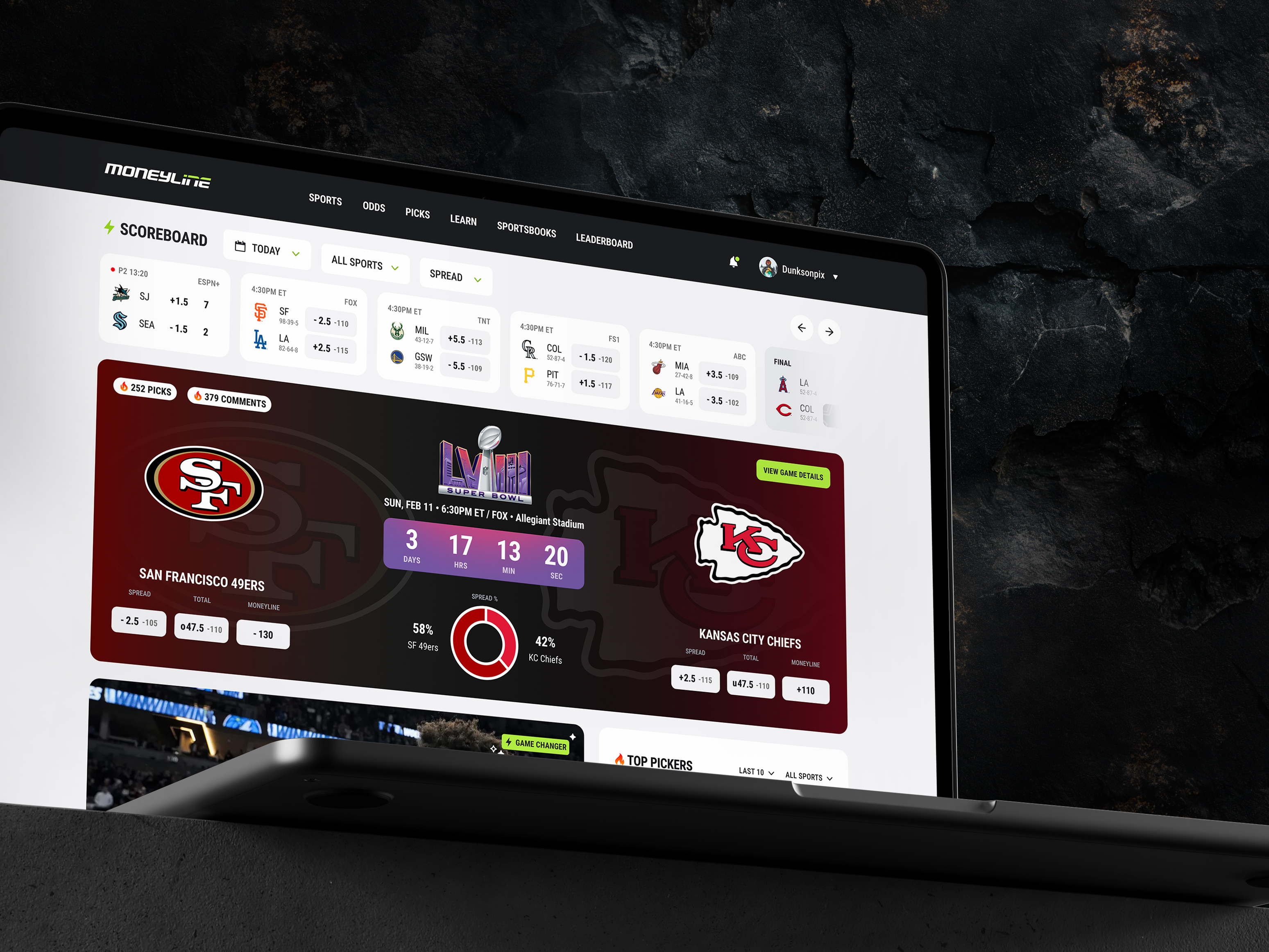 Sports Betting Marketplace Homepage — Super Bowl LVIII betting dark dramatic football landing page modern platofrm san francisco sports sports betting sports homepage sports picks sports website super bowl ui ux web app website white theme