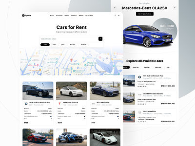 Rental cars search page with a map auto car cars listing example figma framer inspiration landing page luxury cars map nocode rent rentals resources search template theme vehicle website template