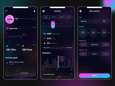 Fitness Tracking Mobile App bar chart buttons card creation page darktheme fitness footsteps goal gradience graphical representation home page icons map mobile app neon effect sleep tracking statistics tracking ui walking