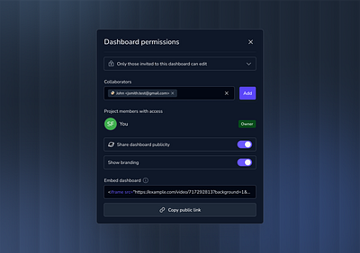 Permissions set up UX/UI | Starsheet 🚀 account clean connect connection copy dashboard dialog embed guide link manage modal permissions project set up share ui users ux white
