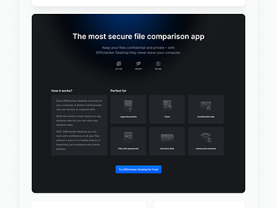Diffchecker Desktop landing page – security section blue dark dark mode enterprise gradient grid icons illustration landing page linear linear icons marketing minimalistic pictograms security smooth website