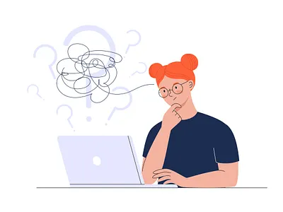Creative problem solving confused creative female flat freelancer girl idea illustration invention problem solving remote work search solution vector woman young
