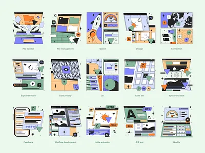 Big illustration set for the Flowbase 2d 3d connection data digital explainer feedback flowbase icons illustration kapustin mail rocket set speed synchronization system transfer vector webflow