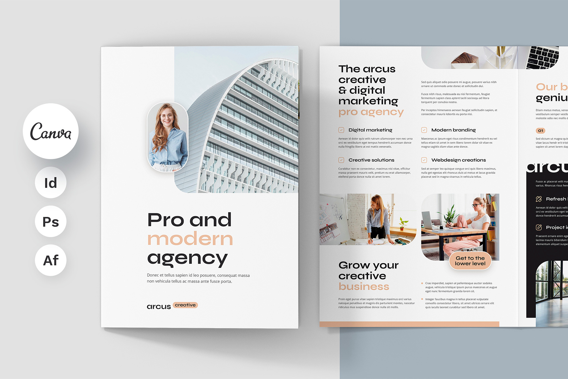 Arcus Creative Agency Brochure Bi-Fold Print Template architecture bifold template brochure bifold brochure canva brochure design brochure indesign brochure photoshop brochure template business brochure coaching creative agency graphic designer instagram marketing interior design marketing agency portfolio template print template social media agency trainer web agency