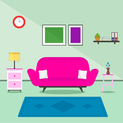 Living room interior design apartment architecture books carpet clock decoration flower graphic design home house interior design lamp lifestyle living room luxury pink sofa table vector wall frame