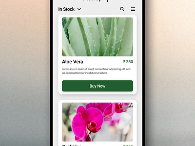 Daily UI Design Challenge | Day 96 | Currently In Stock accessibility autolayout branding buttons challenge096 colortheory contrast dailyui design graphic design illustration instock logo mobileapp plants reponsivedesign typography ui ux