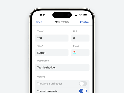 Combiien - New tracker screen app button card clean confirm emoji form habit input ios iphone layout mobile options placeholder routine screen switch textfield view