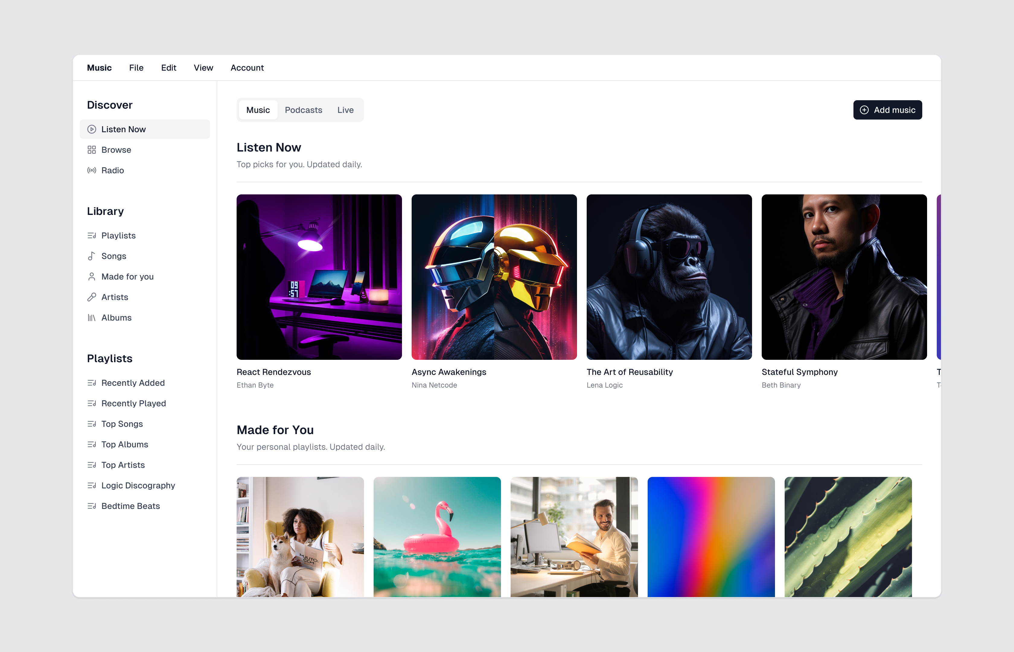 Music app example in Figma from shadcn/ui app clean components design design system minimal music music app product design product ui shadcnui tailwind css ui ui library web