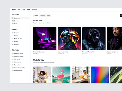 Music app example in Figma from shadcn/ui app clean components design design system minimal music music app product design product ui shadcnui tailwind css ui ui library web
