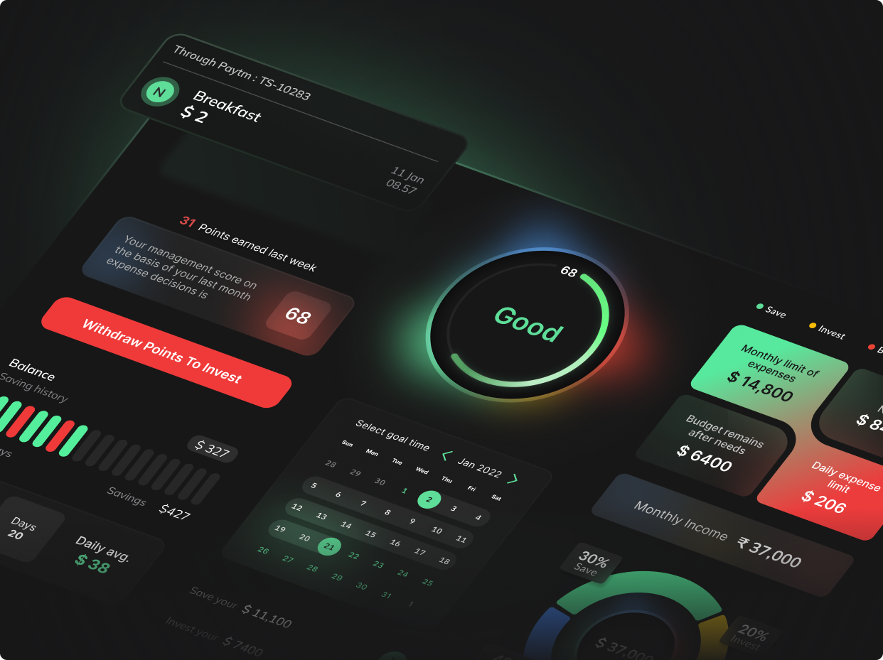 Finstant- Your personal finance assistant analytics dark mode app design system dribble figma finance app gradient inspiration mobile app design mobile design phone app ui uiux ux research