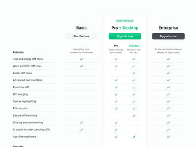 Diffchecker pricing table app billing breakdown columns compare comparison table light marketing minimalistic plans prices pricing page pricing table soft subscriptions table design tiers ui website