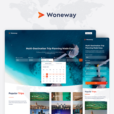 Woneway - Trip Planner clear design interface logo planner travel trip ui ux