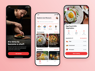Recipes Mobile App Concept app menu chef culinary food ingredients ios iphone marketplace menu mobile app pink product design recipes red restaurant search splash screen ui ux welcome screen