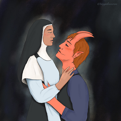 Forbidden romance in the dark artist demon digital art illustration illustrator love nun procreate religious romance vector art