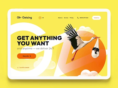 Getzing — Landing Page Design & Development brand identity branding case study crane custom code delivery service fast delivery figma frontend fun grid landing page logistics logo truck ui ux web design web development webflow