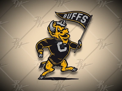 Buffalo Mascot with Pennant athletics buffalo buffaloes buffs classic design football illustration mascot sko buffs sports vintage