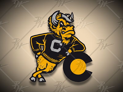 Buffalo Mascot Leaning on Colorado C athletics buffalo buffaloes buffs classic colorado design football illustration mascot sko buffs sports vintage