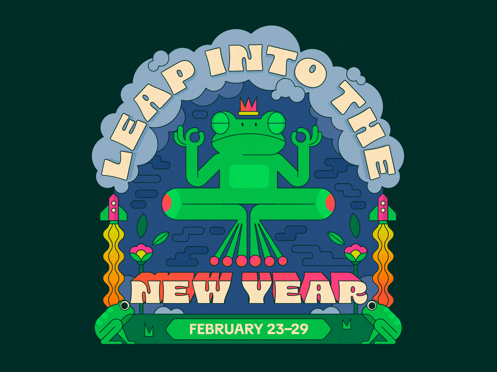 Leap into the New year at TikTok! flowers frog frogs funky green illustration jump leap year new year rocket ship typography vector