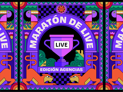 Maratón de LIVE graphic design illustration jungle latin american leaves lion mexico puma purple spanish trophy tucan typography vector