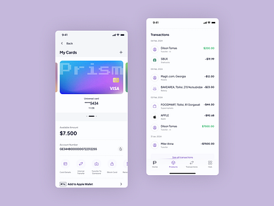 Banking App Cards and Transactions Page ui