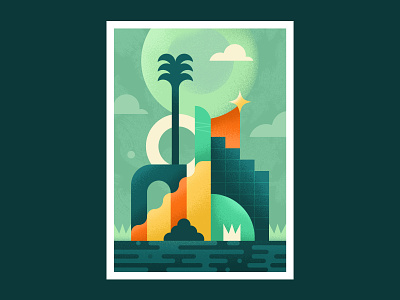 Exotic Island architectural circle city exotic geometric shapes geometry illustration island landscape leo alexandre minimal modern palm tree sea summer tropical turquoise vector vintage water green