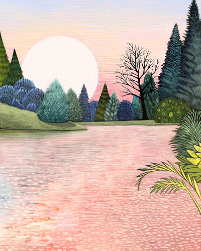 Pink Landscape digitalart forest illustration lake landscape moon pink