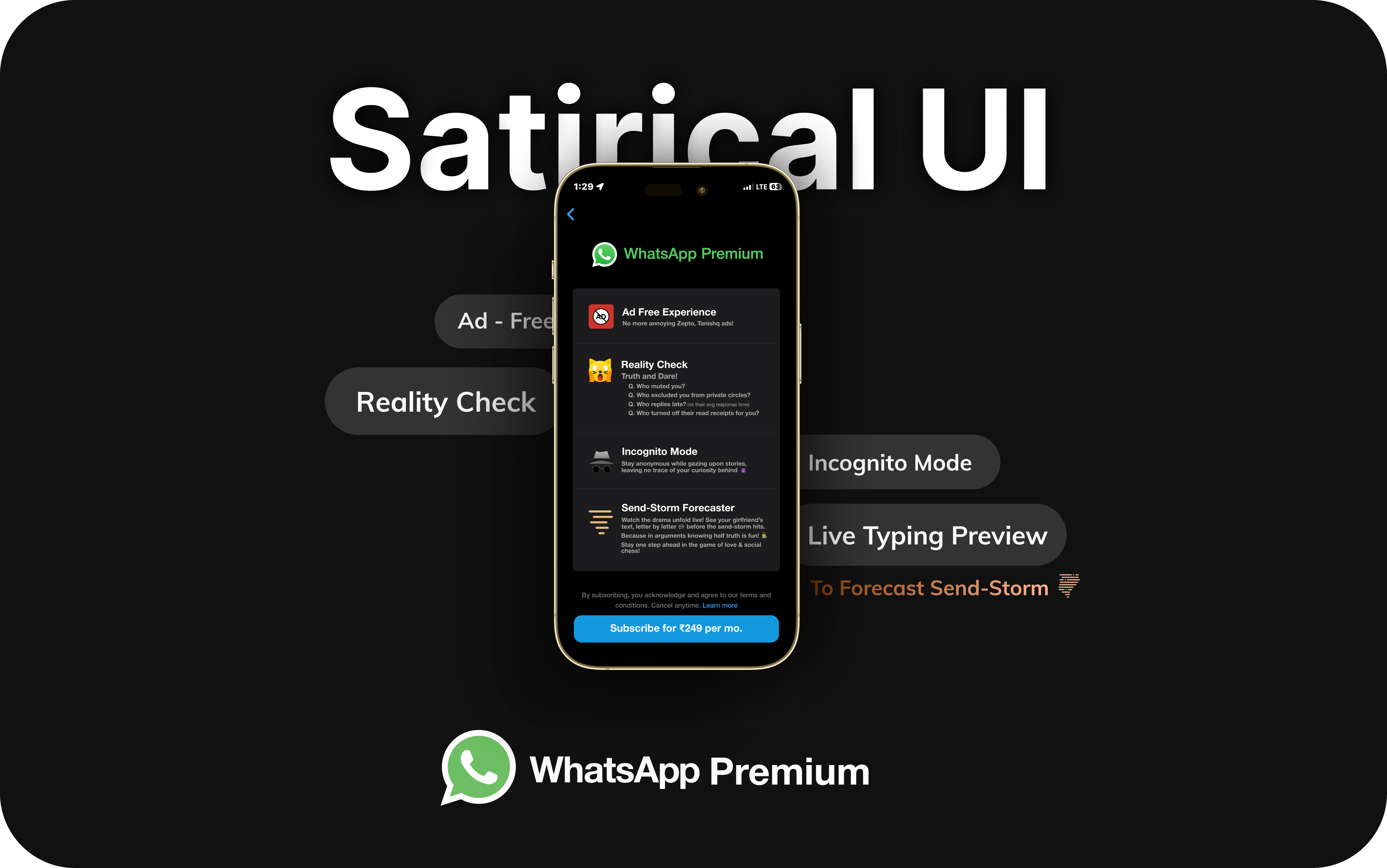 WhatsApp Premium - Satirical UI apple branding dark mode darktheme design facebook figma graphic design ios iphone messaging app meta neuromarketing product satire social media subscription ui ux whatsapp