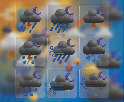 weather 3d Icon Set 3d 3d icons cloudy night design drizzle forcast 3d icons icon icons illustration lightning and rain night overcast rainfall rainy night ui ux weather weather 3d icons weather at night weather element