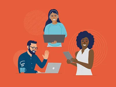 Officium Illustrations blue branding coffee computer customer service design earbuds glasses graphic design headphones illustration laptop mentor monitor orange people plant scientist student vector